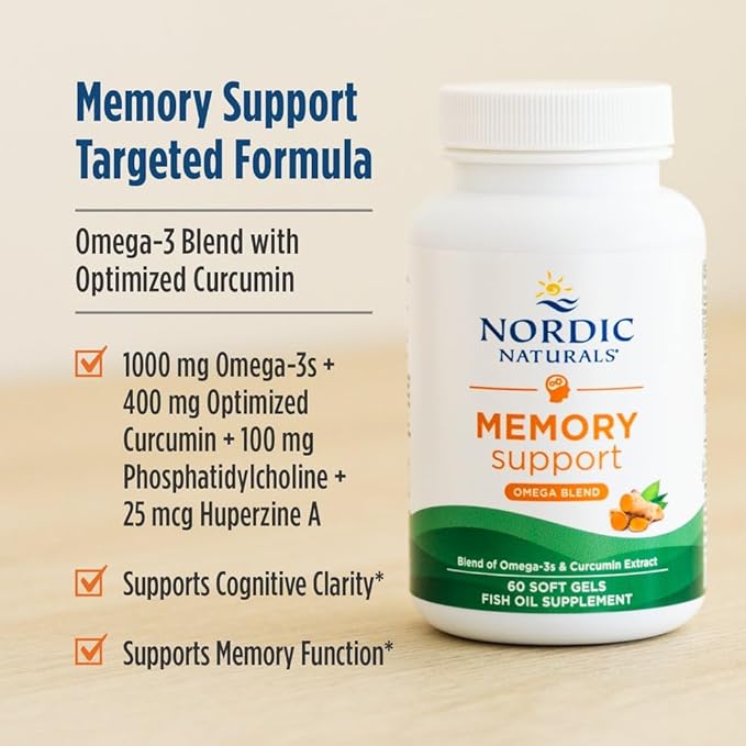 Nordic Naturals Memory Support with Curcumin - 60 Soft Gels - 1000 mg Omega-3 + 400 mg Optimized Curcumin - Memory Cognition - Contains Phosphatidylcholine &amp Huperzine A - Non-GMO - 30 Servings