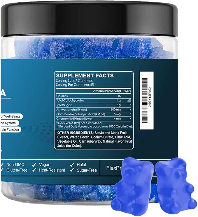 Ashwagandha Gummies Sugar Free 6g | Vegan Halal Non-GMO Gluten-Free | Blueberry Flavor | Focus Calm Recharge | Men Women 90 Count