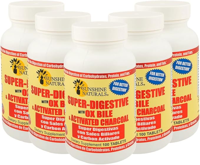 Sunshine Naturals Super Digestive Supplement. Ox Bile &amp Activated Charcoal for Digestive Support Bloating Relief Gut Cleanse Nutrient Absorption and Overall Wellness. 100 Tablets. Pack of 5