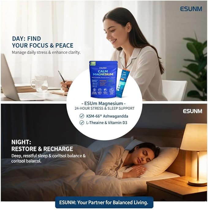 ESUNM Calm Magnesium Drink Mix Packets Magnesium Glycinate with KSM-66 Ashwagandha L-Theanine GABA Saffron &amp Vitamin D3 Relaxation Mood &amp Sleep Support Raspberry Lemonade 20 Stick Pack