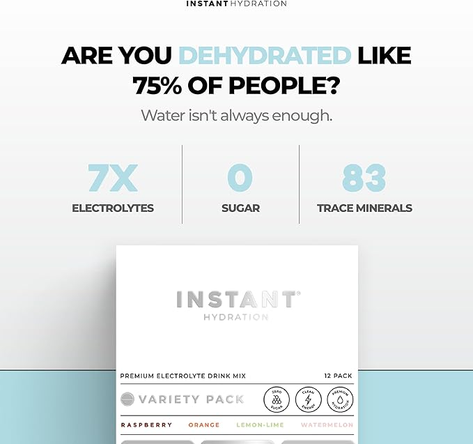 Instant Hydration Electrolytes Powder Packets - Variety Pack - Zero Sugar - Keto Vegan Gluten-Free Non-GMO - Boost Recovery Brain Function Muscle &amp Tissue Health - 12 Sticks