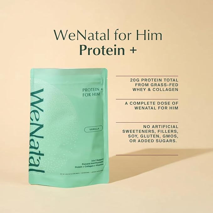 WeNatal Prenatal Protein+ for Him Protein Powder with Zinc Selenium CoQ10 and L-Carnitine 20g Clean Protein for Male Fertility Hormone Health and Energy Non-GMO Vanilla Flavor