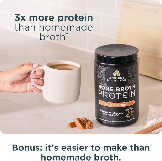 Ancient Nutrition Bone Broth Protein Powder Salted Caramel 19g Protein per Serving Beef Supports Healthy Skin Gut Health Joint Supplement Gluten Free Paleo and Keto Friendly 20 Servings