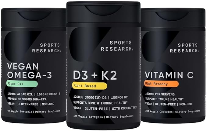 Sports Research® Vegan Supplements Pack - D3 + K2 + Vegan Omega-3 Fish Oil Alternative from Algae Oil + High Potency Vitamin C
