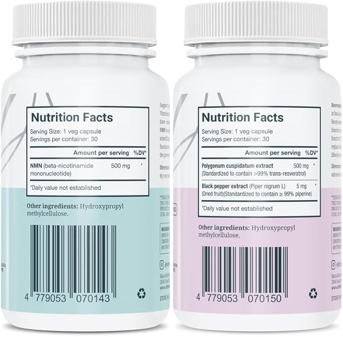 VITRUVIN Longevity Supplement - NMN 500MG + Trans-Resveratrol 500MG with Piperine - Vegan Non-GMO Gluten-Free Gelatin-Free