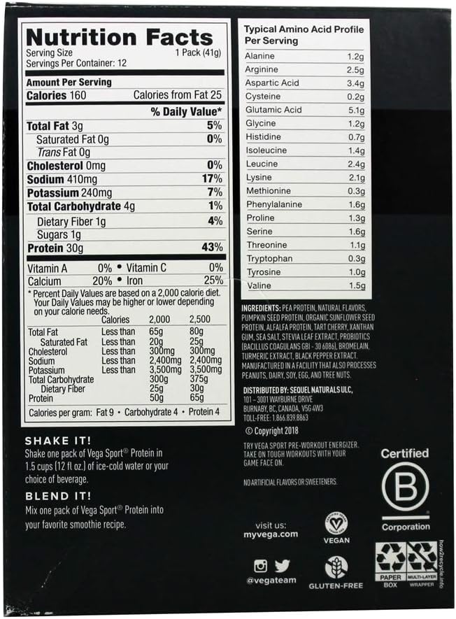 Vega Protein + Recovery - 30g Plant-Based Protein per Serving Vanilla 12 x 1.6oz Sachets 5g BCAAs Probiotics NSF Certified for Shakes &amp Smoothies (Packaging May Vary)
