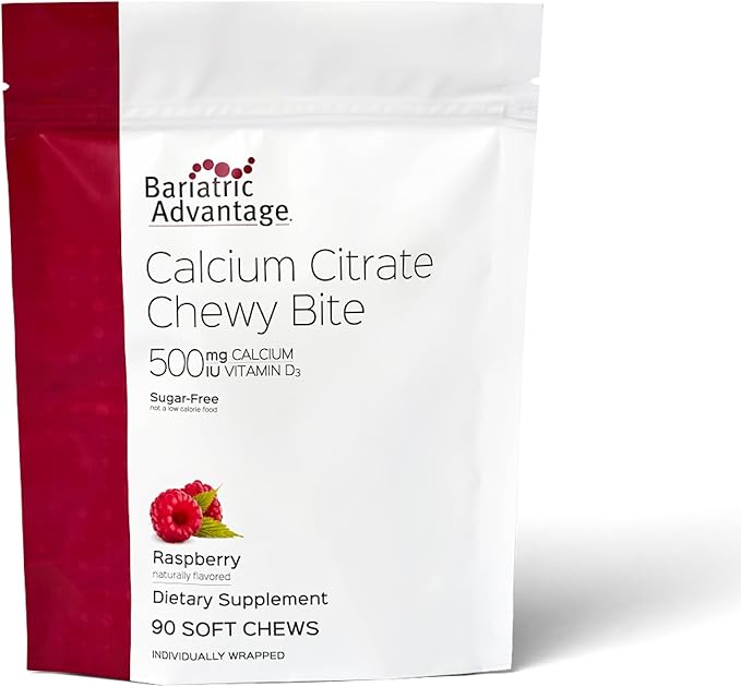 Bariatric Advantage Calcium Citrate Chewy Bites 500 mg - Highly Absorbable &amp Digestible - Vitamin D3 - Easily Chewable Calcium Supplement - Raspberry Flavor - 90 Count