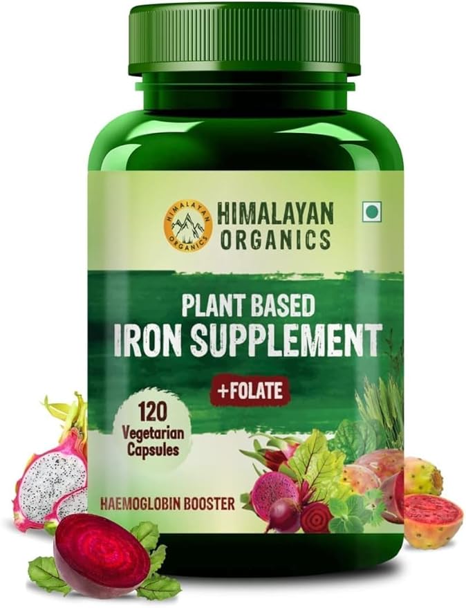 Generic Plant Based Iron Supplement with Folate | Improved Hemoglobin &amp Oxygen Capacity | Stomach Friendly | Boost Energy - 120 Veg Capsules