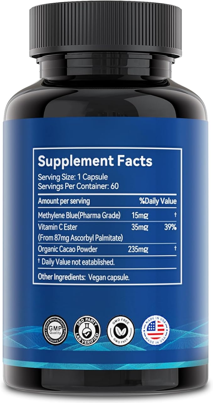 Methylene Blue Capsules 99.99% Purity USP Pharmaceutical Grade Methylene Blue for Humans Added Vitamin C Easter &amp Cocoa Powder 60 Capsules