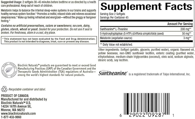 Bioclinic Naturals Somno-Pro 90 gels with Melatonin 5HTP and L-Theanine