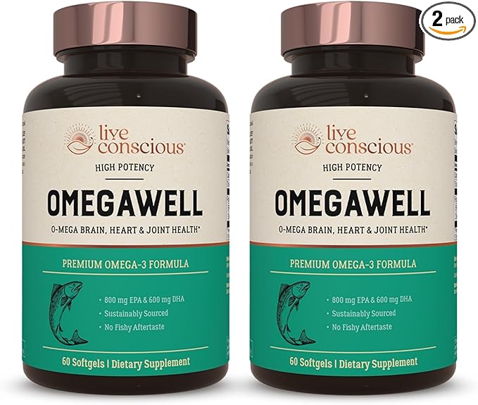 Live Conscious OmegaWell Fish Oil: Heart Brain and Joint Support | 800 mg EPA 600 mg DHA - Enteric-Coated Sustainably Sourced - Easy to Swallow 120 Count (2-Pack)