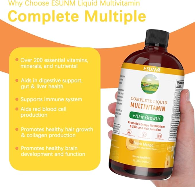 Complete Liquid Multivitamin + Hair Growth Promotes Energy Metabolism&amp Skin and Hair Function| Vitamin C D | B Vitamins | Help to Thicker Hair Wrinkles Fine Lines Skin Care (16.23 Fl Oz)