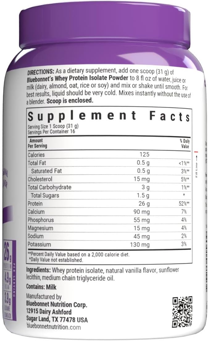 Bluebonnet Nutrition Whey Protein Isolate Powder from Grass Fed Cows No Sugar Added Gluten &amp Soy Free Kosher Dairy 17.6 Oz