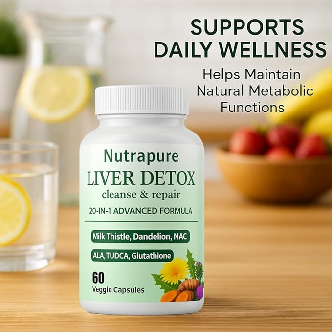 Nutrapure Liver Support Supplement Capsules 20-in-1 Formula with Milk Thistle Turmeric &amp Inositol Antioxidant &amp Daily Wellness Support 60 Veggie Capsules