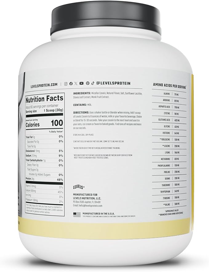Levels 100% Micellar Casein Protein Hormone Free Vanilla Bean 4LB