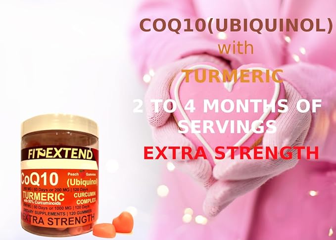 COQ10 200mg Ubiquinol &amp Turmeric Gummies 1000mg 120 Days Peach Turmeric Gummies Anti-Aging Extra Strength Curcumin Antioxidant Formula Extra Strength Unisex