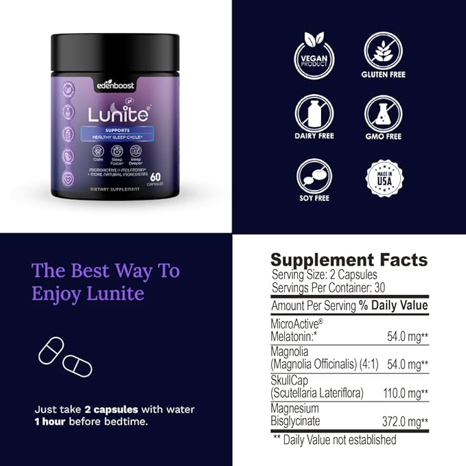EdenBoost Lunite | Helps You to Fall Asleep Faster | Non-Habit Forming | Sustained Release Microactive Melatonin Magnolia Bark &amp Skullcap