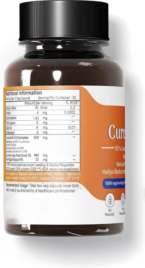 Organic Curcumin with Piperine (1500Mg Curcumin 95% Per Serving) Premium Turmeric Extract 60 Vegetable Capsules with Piperine (Pack of 1)