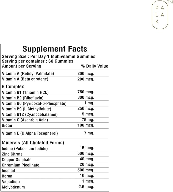 astha Palak Notes: Kids Multivitamin Multimineral I One Per Day I B Complex Vitamin C Vitamin A I Kids Immunity I No Fructose Corn Syrup No Preservative I Natural Flavour : 60 Gummies