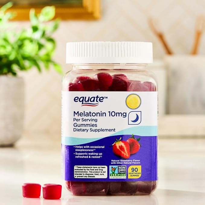 Equate Melatonin 10 mg Gummies Fast-Dissolve Vegetarian Strawberry Flavor Adult Sleep Support 90 Count Sticker