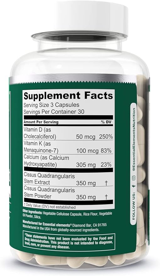 Essential Elements Bone Boost Bone Health Supplement - Bone Support and Calcium Supplement with Vitamin D 3 K2 Cissus Quadrangularis for Bone Strength - 180 Capsules (60 Day Supply) (2-Pack)
