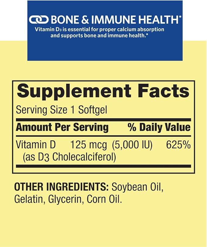 1 Pack Vitamin D3 Softgels Vitamin D3 125MCG 5000 IU 250 Count Includes +(Vitamin Guide)
