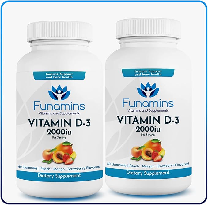 Vitamin D3 Gummies 2-Pack 60 Count Each 2000iu per Serving Supports Immune System and Bone Health for Kids &amp Adults Peach Mango Strawberry Flavors