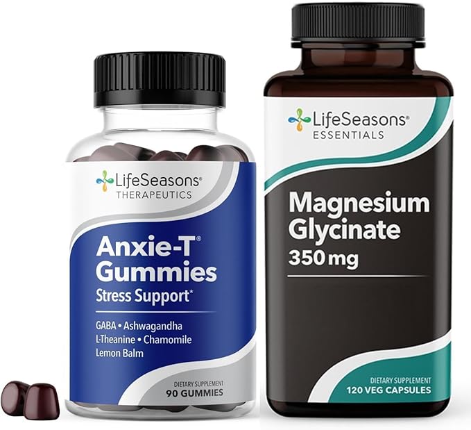 LifeSeasons Anxie-T Stress Relief Gummies &amp Magnesium Glycinate 350mg Capsules – Supplements to Support Stress Relief Sleep Mood Heart Health Muscles &amp Metabolism – 90 Gummies &amp 120 Ca
