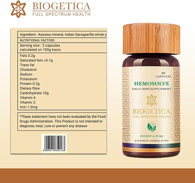 Biogetica Hemosolve Herbal Daily Iron Supplement with Kassisa Mineral and Sarsaparilla Root - Non-GMO - 100% Vegan Ayurveda Supplement - 80 Capsules