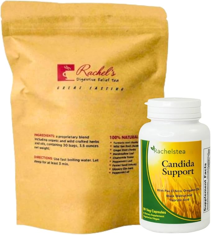 Rachel's Tea and Candida Support: 30 Day Supply Turmeric Wild Yam Ginger Peppermint Fennel Slippery Elm + Candida Support Capsules