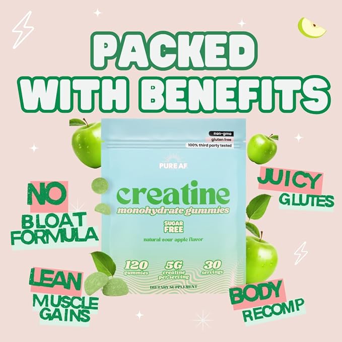 Creatine Gummies for Women – Sugar Free | Sour Green Apple – 120 Creatine Monohydrate Gummies | Lean Muscle Glute Growth Strength &amp Cognitive Boost