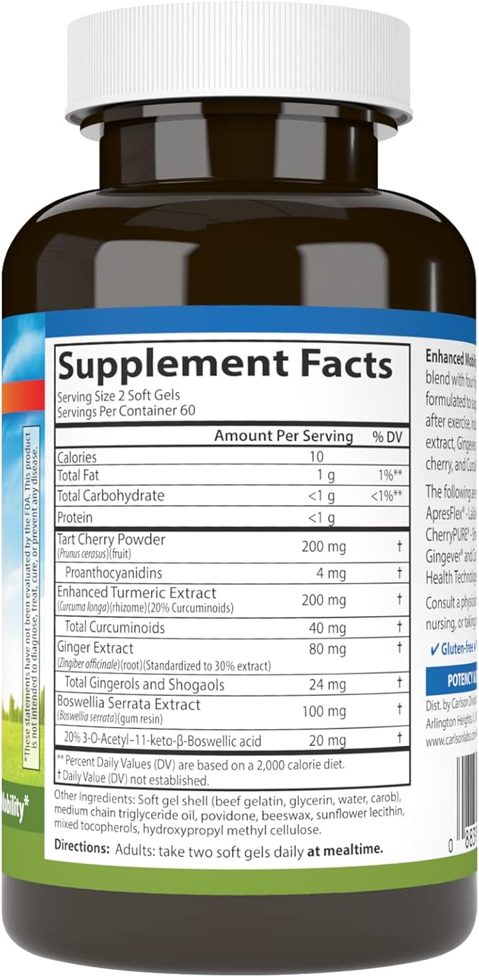 Carlson - Enhanced Mobility Botanical Joint Support Boswellia Tart Cherry Curcumin Ginger 120 Softgels