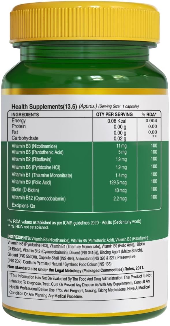 Vitamin B-Complex Tablets - 100% RDA for B Vitamins with B1 B2 B3 B5 B6 &amp B9| Boost Immunity &amp Support Hair Growth - 60 Veg Capsules