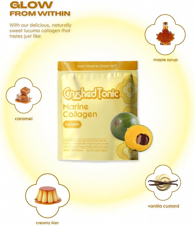 Crushed Tonic Korean Beauty Collagen Powder | Hydrolyzed Marine Collagen Peptides for Skin Glow Hair &amp Nails | K-Beauty Drink | Gluten-Free Halal &amp Kosher (Lucuma 30 Servings (150 g) Pouch