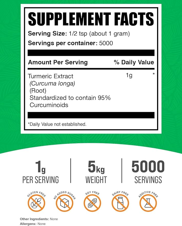 BulkSupplements.com Turmeric Extract Powder - from Turmeric Root Curcumin Supplements Turmeric Curcumin Powder - Gluten Free 1g per Serving 1kg (2.2 lbs) (Pack of 5)