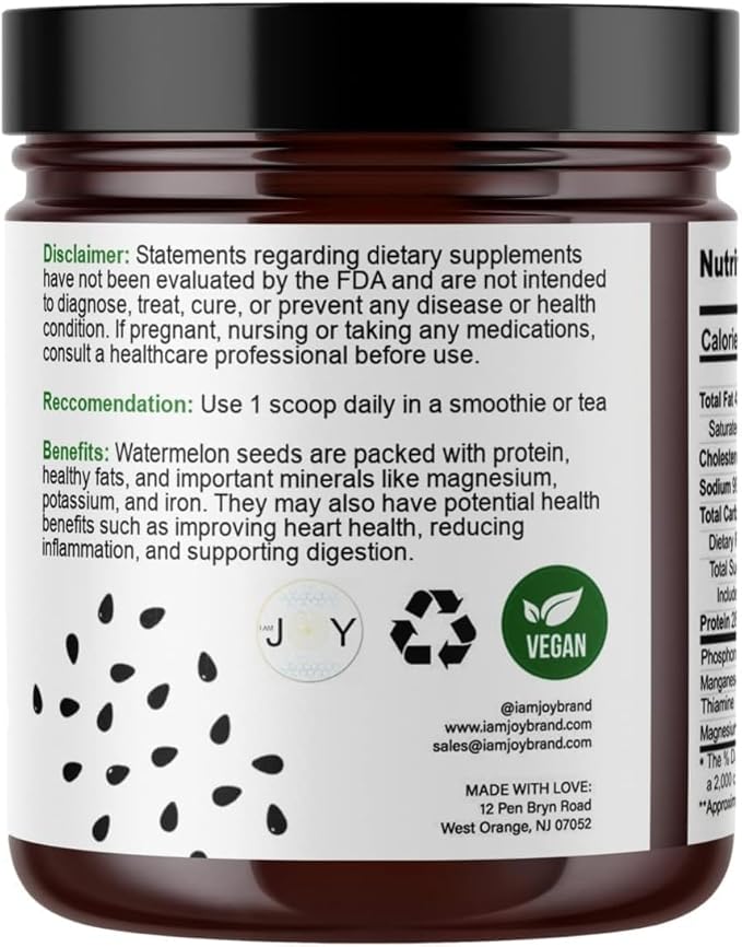 I Am Joy co. Watermelon Seed Protein Powder | Pure Pesticide-Free Nutrient Dense Protein Rich High in Magnesium Iron &amp Zinc | Add to Tea &amp Smoothies | Non-GMO | Vegan | 16oz Jar