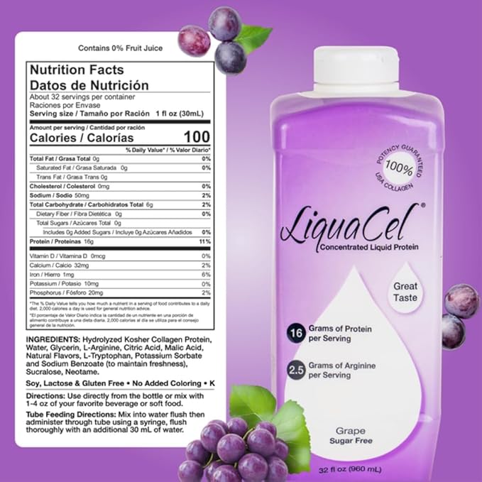 LiquaCel Concentrated Liquid Protein Grape Flavor Ready-to-Drink 16g Hydrolyzed Collagen Protein and 2.5g Arginine Per 1oz Serving Sugar &amp Gluten Free 32 fl oz Bottle