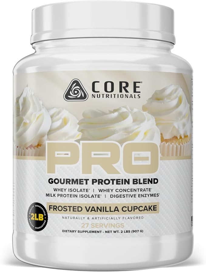 Core Nutritionals PRO Gourmet Protein Blend | Whey Protein Blend | with MCTs &amp Digestive Enzymes | Sustained Release Protein &amp Recovery Support | 28 Servings (Frosted Vanilla Cupcake)