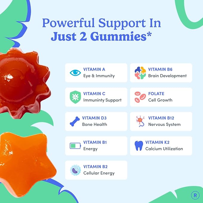 FIRST DAY Kids Multivitamin Gummies Age 4+ Strawberry &amp Orange - Kids Vitamins Multivitamin Gummy A C D3 K2 B1 B2 B6 B12 Folate Immunity &amp Brain Function Vegan - 60 Day Supply Packaging Ma