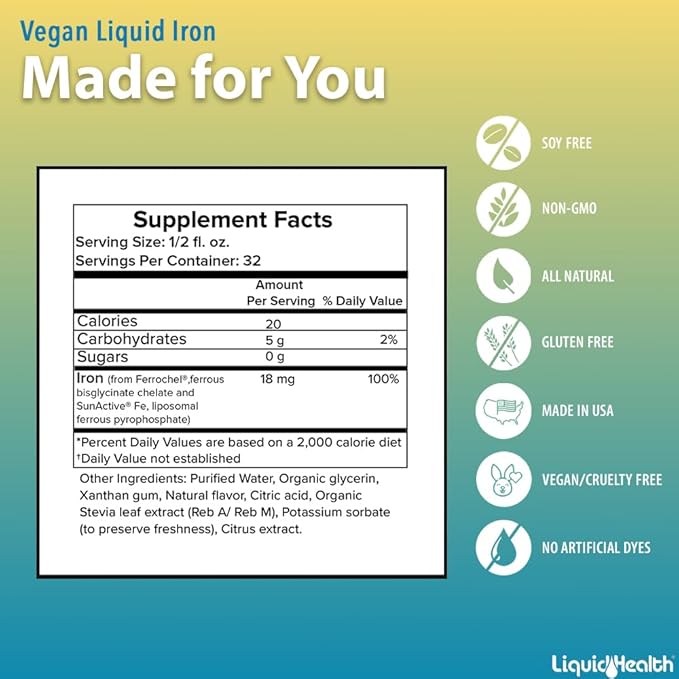 LIQUIDHEALTH Vegan Liquid Iron Supplement with SunActive &amp Ferrochel Fe - Natural Energy Immune System &amp Metabolic Support Increase Mental Clarity Prenatal/Postnatal - USA Made Non-GMO (2