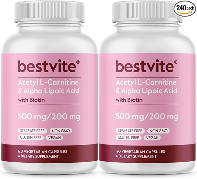 BESTVITE Acetyl L-Carnitine 500mg &amp Alpha Lipoic Acid 200mg per Capsule with Biotin (240 Vegetarian Capsules) (120 x 2) - No Stearates - Vegan - Non GMO - Gluten Free
