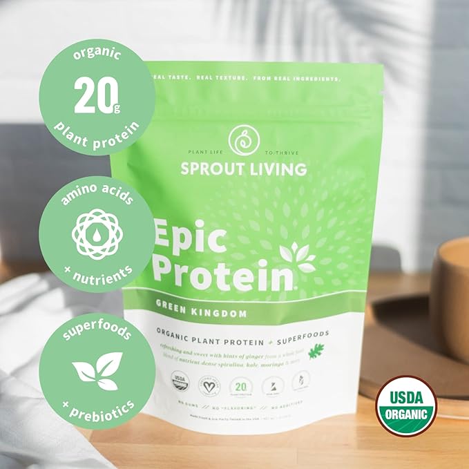 Sprout Living Epic Protein Plant Based Protein &amp Superfoods Powder Green Kingdom | 20 Grams Organic Protein Powder Greens Vegan Non Dairy Non-GMO Gluten Free Low Sugar (1 Pound 12 Serving