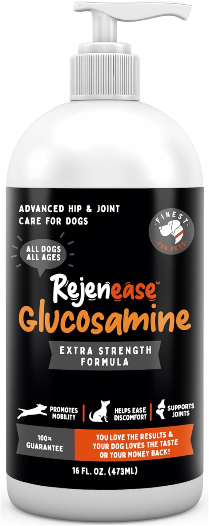Liquid Glucosamine for Dogs with Chondroitin MSM &amp Hyaluronic Acid (16oz). Hip &amp Joint Supplement Supports Better Mobility &amp Promotes New Cartilage. Eases Joint Stiffness. Rejenease Made