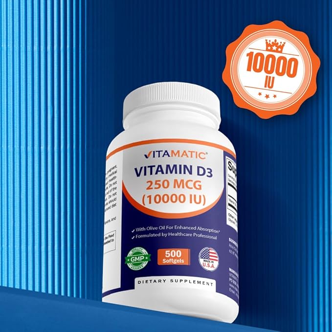 Vitamatic Vitamin D3 10000 IU (250 mcg) - 500 Softgels (Olive Oil Based) Non-GMO Gluten Free in Cold-Pressed Mini Softgels- 2 Pack
