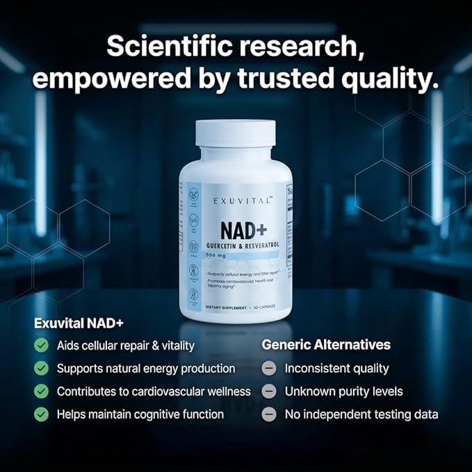 NAD+ Cellular Energy and Healthy Aging Support 60 Capsules with Quercetin and Resveratrol 500mg Metabolism Support DNA Repair Resveratol and Quercetin