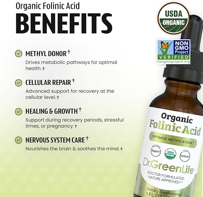 Dr. Green Life USDA Organic Folinic Acid Drops - 500 mcg per Drop | Methylation Support B9 Supplements for Kids &amp Adults | Supports Neurological Function Nervous System Health &amp DNA Synthesis
