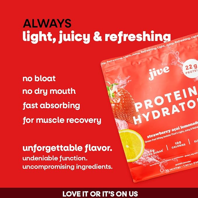 Jive Clear Protein Powder - 22g Grass-Fed Whey Isolate 25 Servings - Strawberry Acai Lemonade - 895mg of Electrolytes - Zero Added Sugar - Clear Drink Protein Water &amp Juice