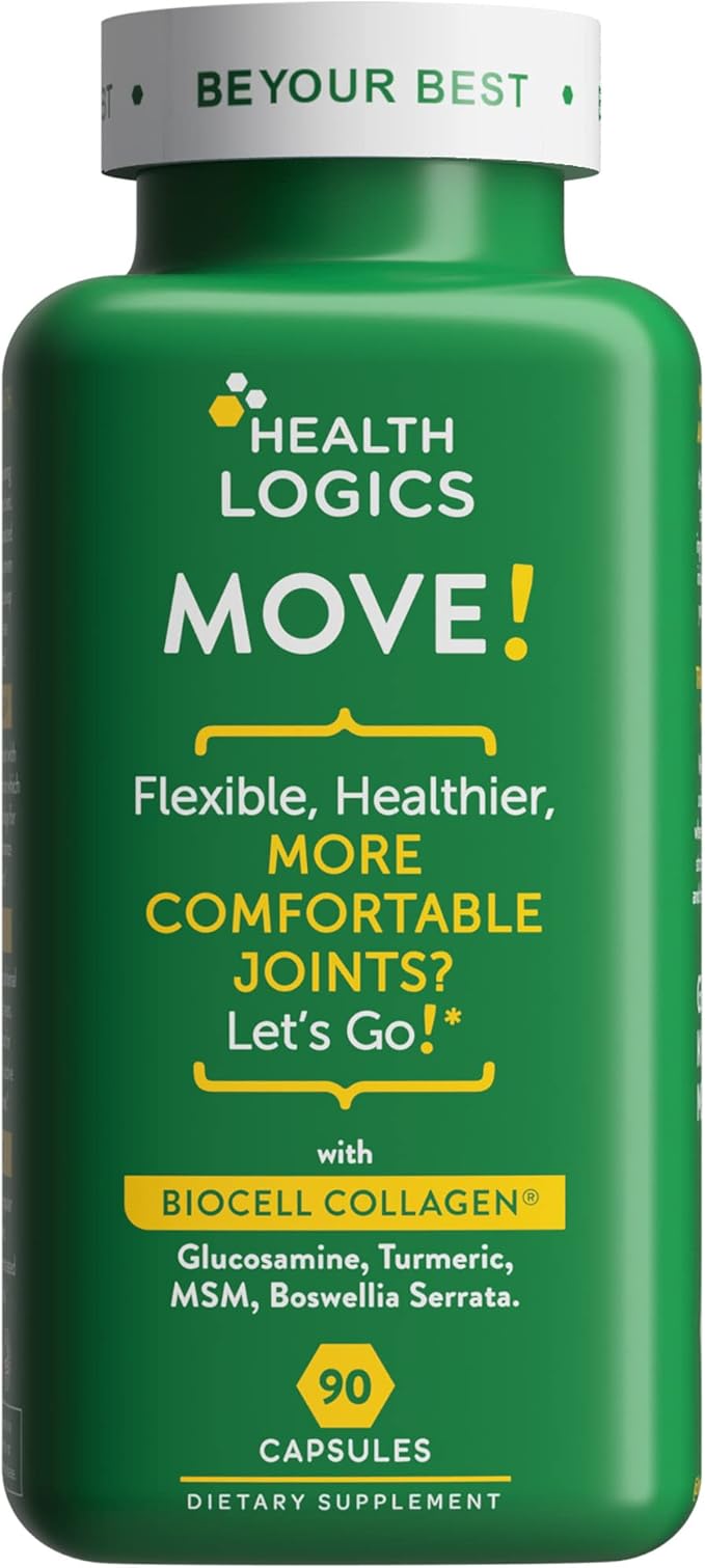 Health Logics Move! Healthy Joints with BioCell Collagen Glucosamine MSM Vitamin C Turmeric Extract 95% Curcuminoids Boswellia Serrata | Support Joint Comfort | Non-GMO | 90 Capsules