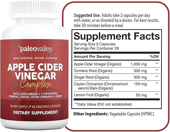 Paleovalley Apple Cider Vinegar Complex with Superfoods - Turmeric Ginger Ceylon Cinnamon and Lemon - 84 Vegetable Capsules