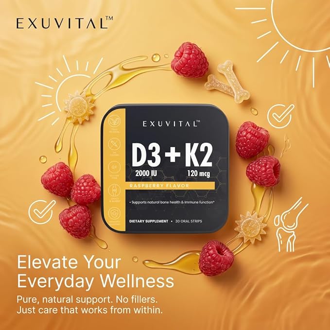 Vitamin D3 + K2 Oral Strips – 30 Count | 100% Natural Gluten‑Free | Immunity Support &amp Bone Health | Fast‑Dissolving Raspberry Strips for Daily Wellness